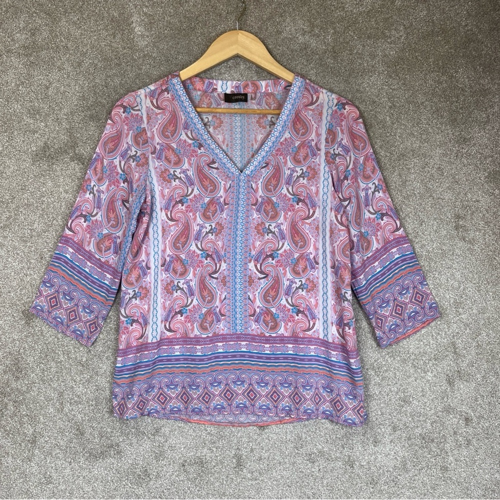 Crosby Shirt Womens Small Pink Floral Paisley Rayon 3/4 Sleeve Pullover- 4365